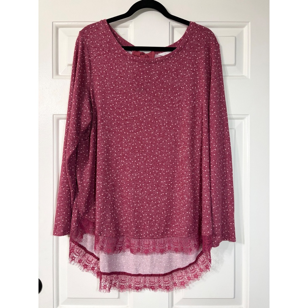 LC Lauren Conrad | Polka Dot Lace Trim Bow Back Top | XXL || Burgundy|